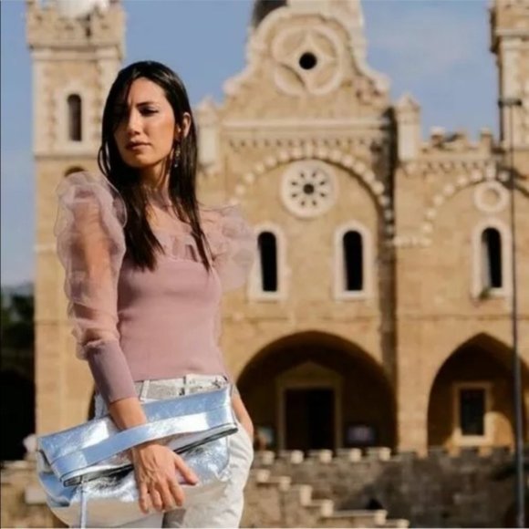 ZARA DUSTY PINK KNIT BANDAGE CHIFFON RUFFLE ORGANZA LONG SLEEVE TOP BLOUSE $69.9 - Picture 3 of 9